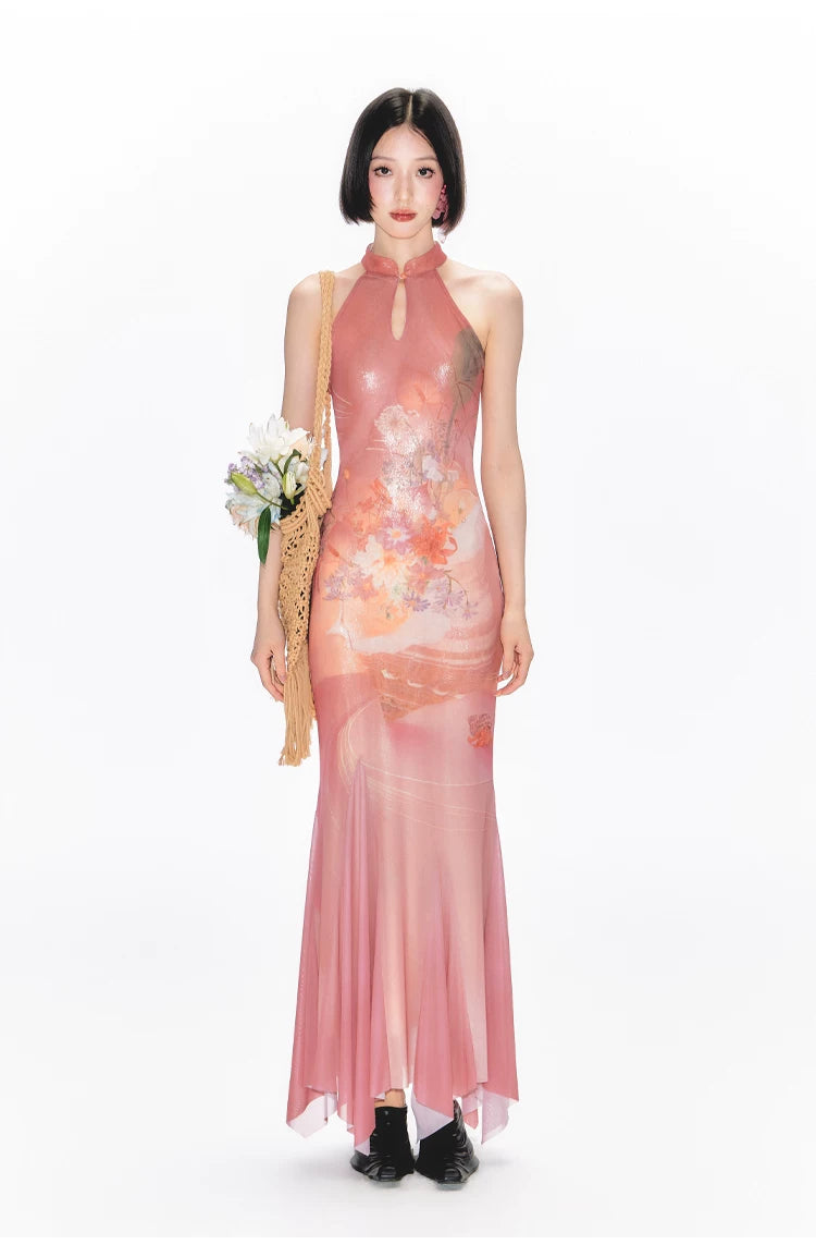 YEDM Stand-up Neck Cheongsam Floral Fishtail Dress