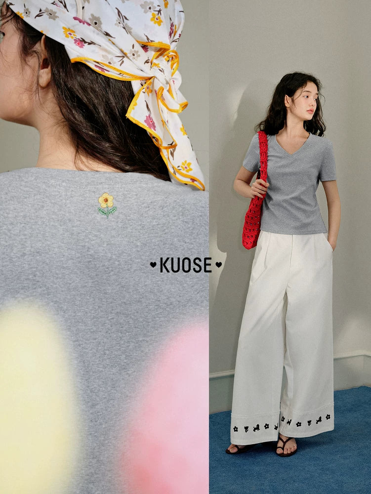 Kuose Crew Neck Embroidered Short Knitted Tee