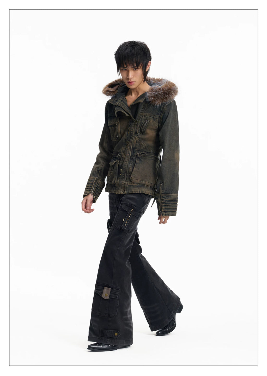 Lightinus Removable Sleeve Fur Collar Two Wear Strap Waist Denim Jacket