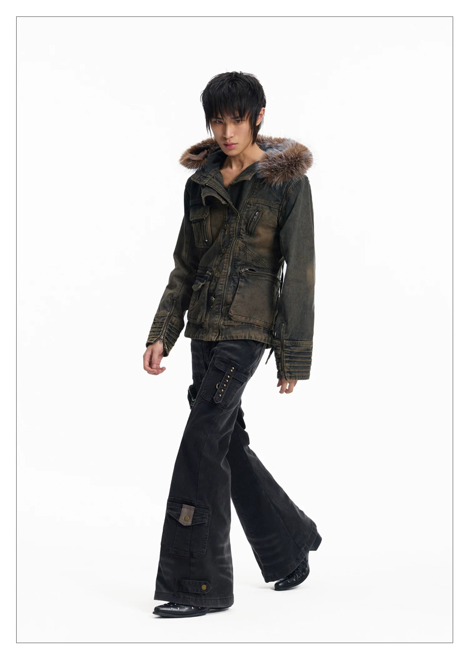 Lightinus Removable Sleeve Fur Collar Two Wear Strap Waist Denim Jacket