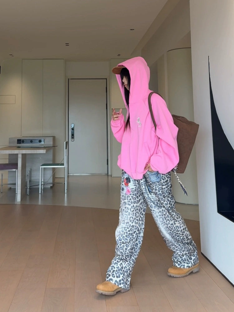 EAHO Double Waist Belt Chain Pendant Printed Leopard Print Pants