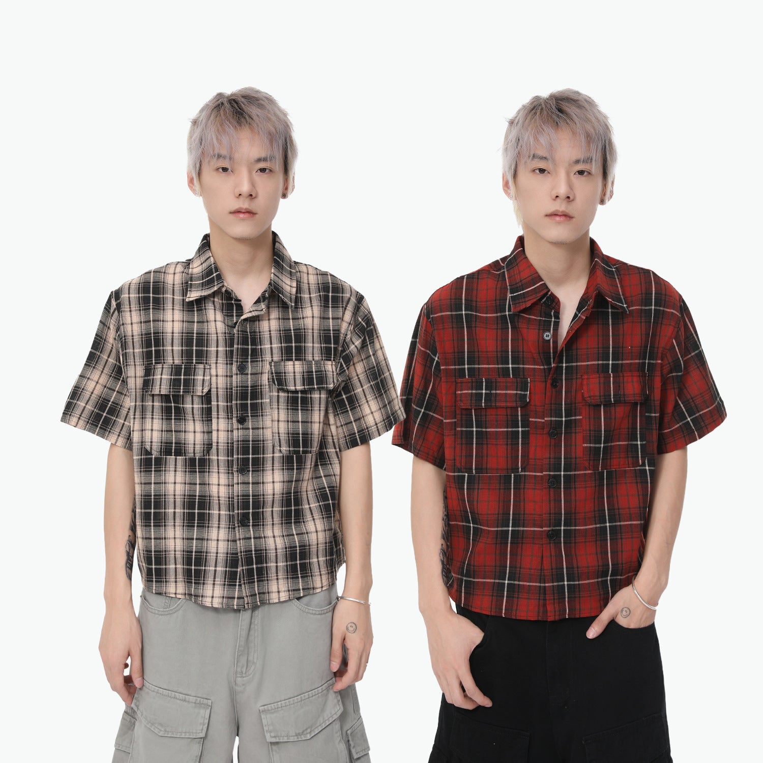 MTLCLOTHES Vintage Lapel Short-sleeved Contrasting Plaid Shirt