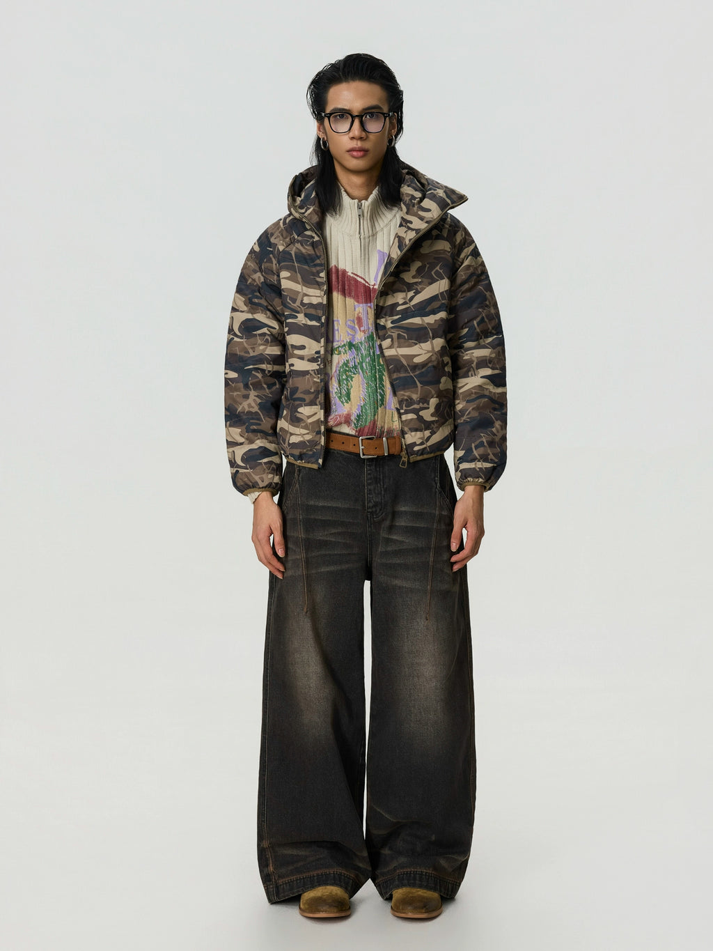 BTSG Vintage Slant Placket Camouflage Hooded Jacket