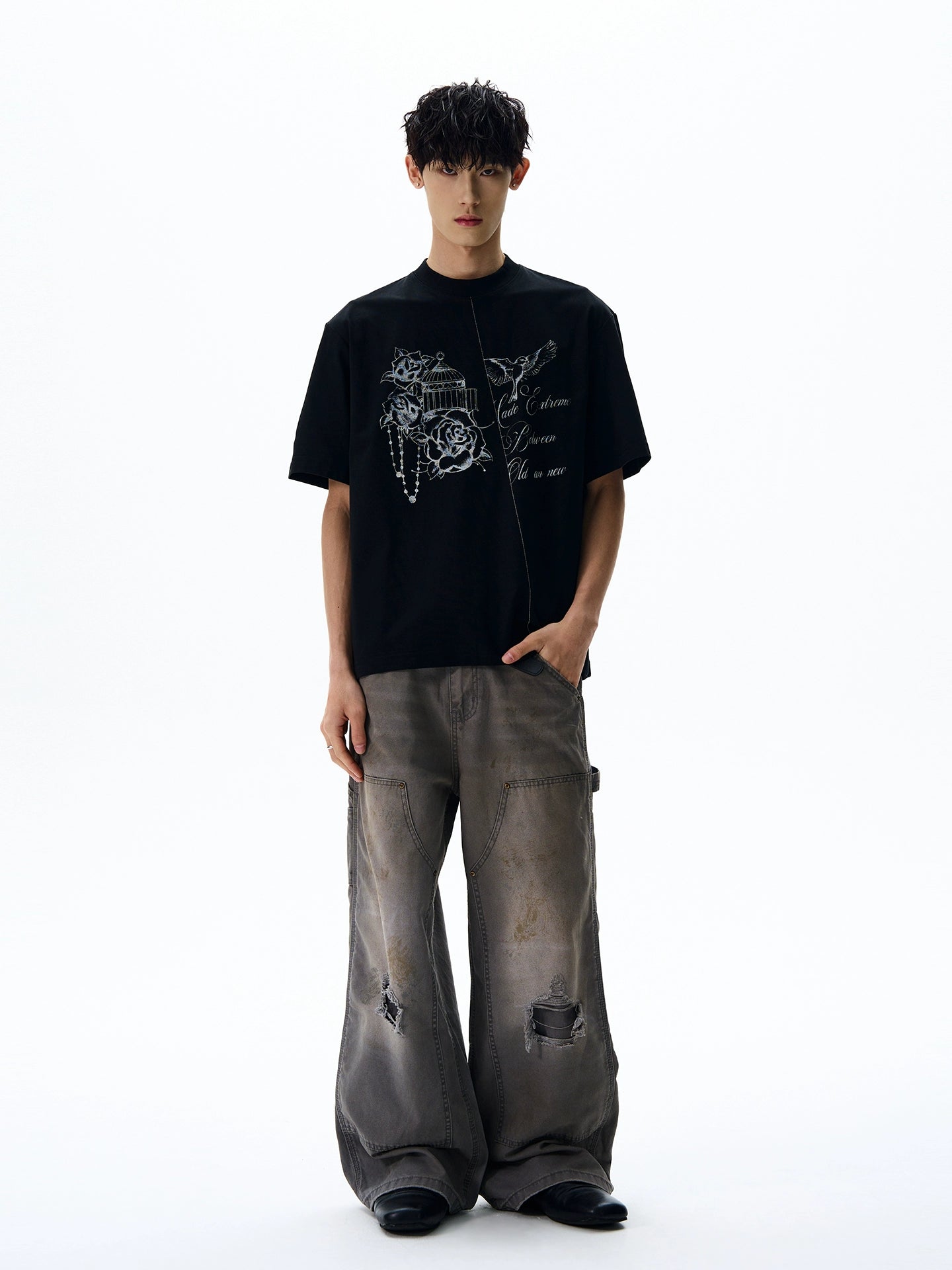 A PUEE Hand-painted Print Casual Loose and Versatile Tee