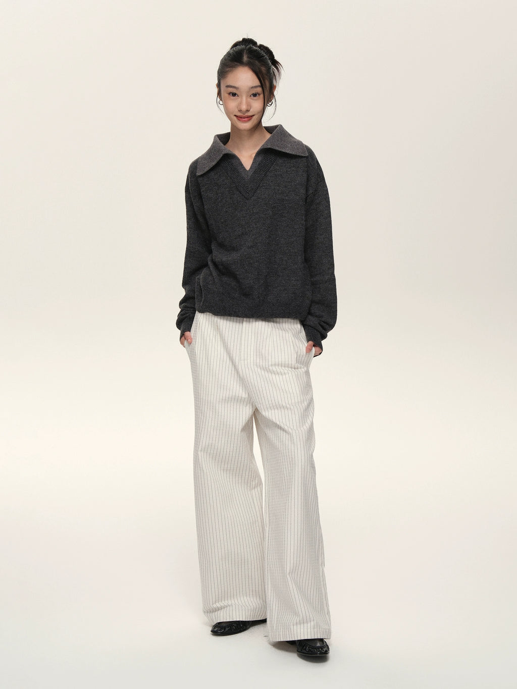 Set for Life V-neck Lapel Color Matching Thin Long-sleeved Sweater