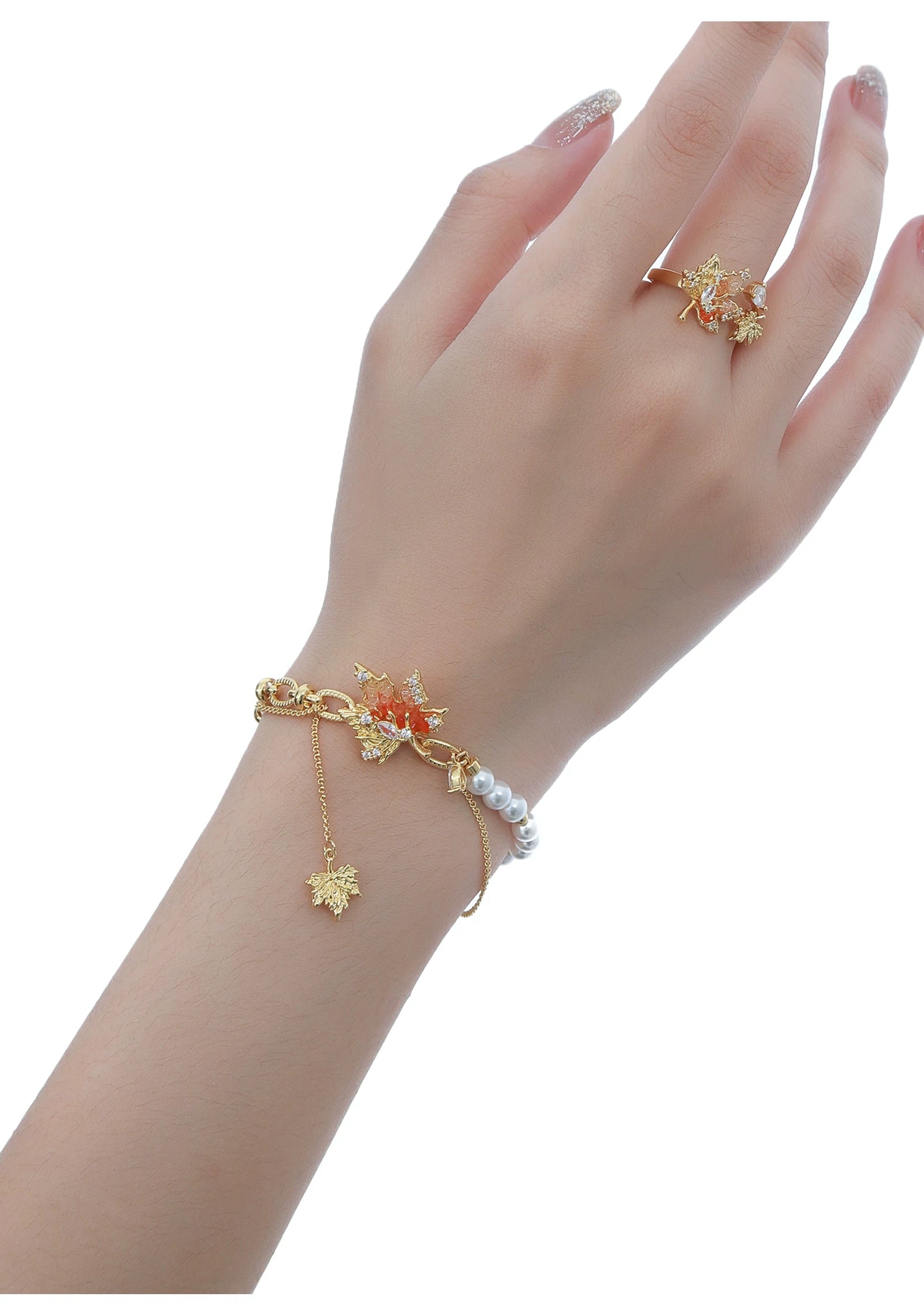 MASW Splicing Pearl Sunset Orange Maple Leaf Bracelet
