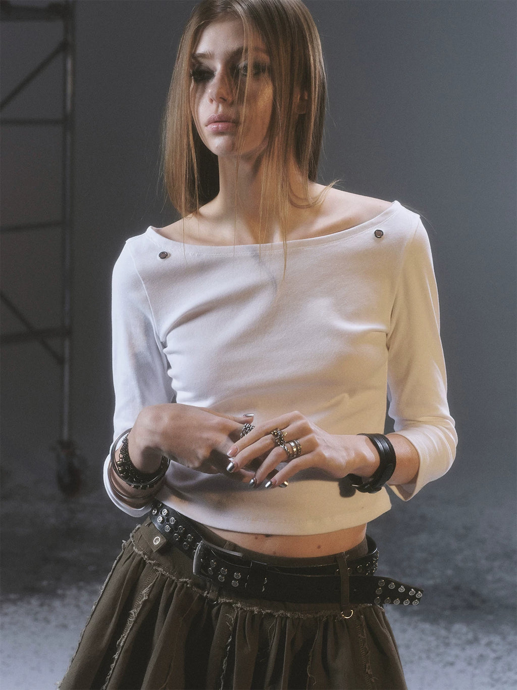 WearAndtear One-word Collar Seven-quarter Sleeve Slim-fit Short Tee