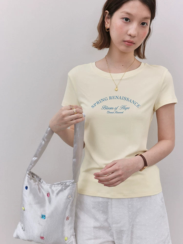 VOOE Letter Print Front Shoulder Crew Neck Versatile Tee