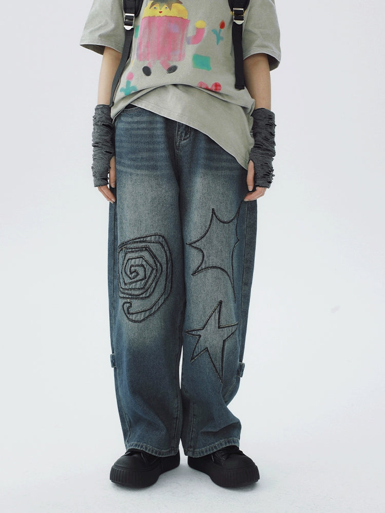 STILLYOU Vintage Patch Line Embroidery Straight Jeans