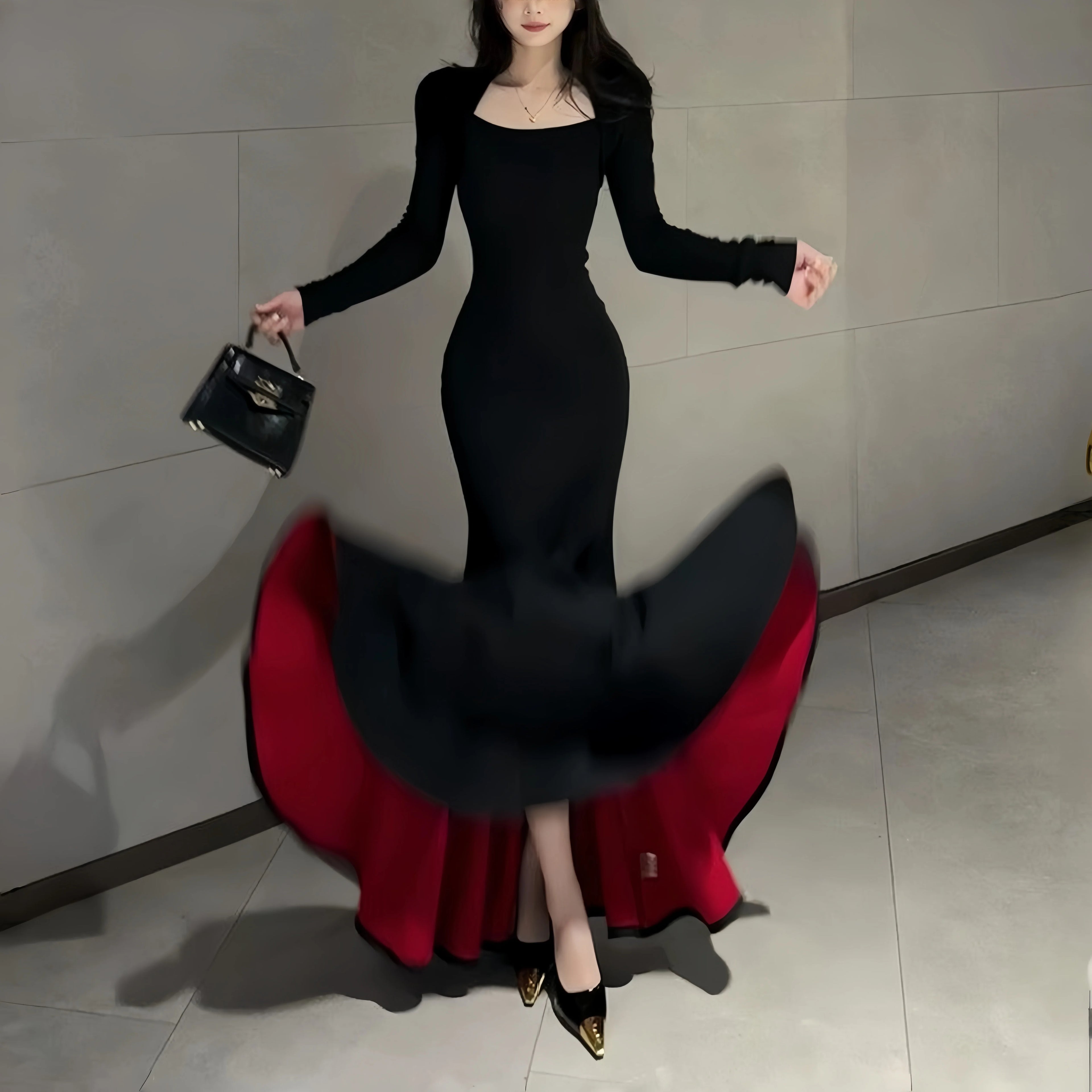 Instunning Square Neck Long Sleeve Waist High-end Dress