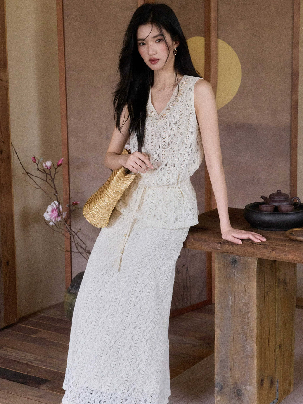 TYANG Bead Drawstring Top Hollow High Waist Skirt Set