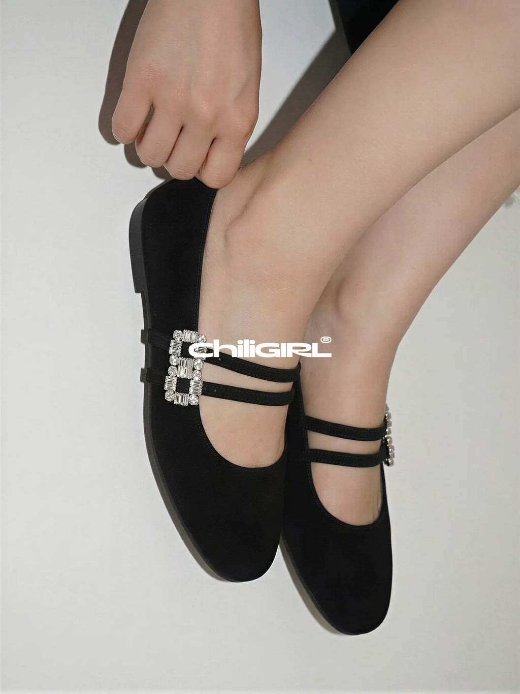 CHILIGIRL Suede Temperament Rhinestone Square Buckle Double Belt Versatile Single Shoes