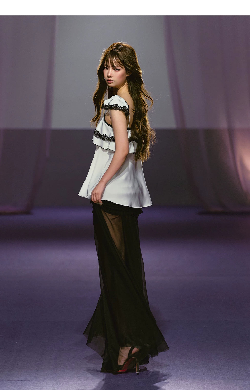 AGAM Three-dimensional Pleated Mesh Stitching Semi-transparent Long Skirt