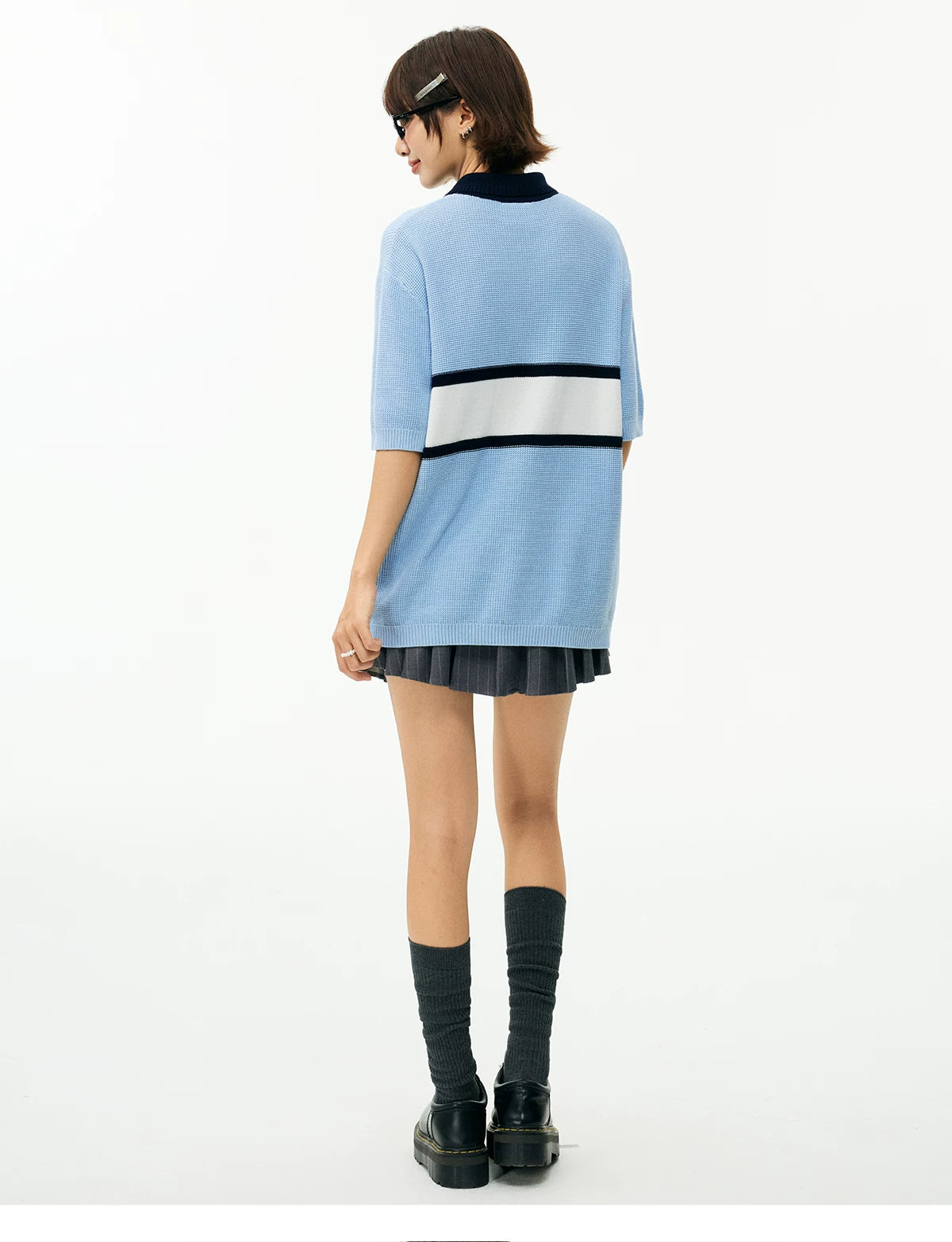 MEDM Contrasting Lapel Neck Zipper Knitted Polo Shirt