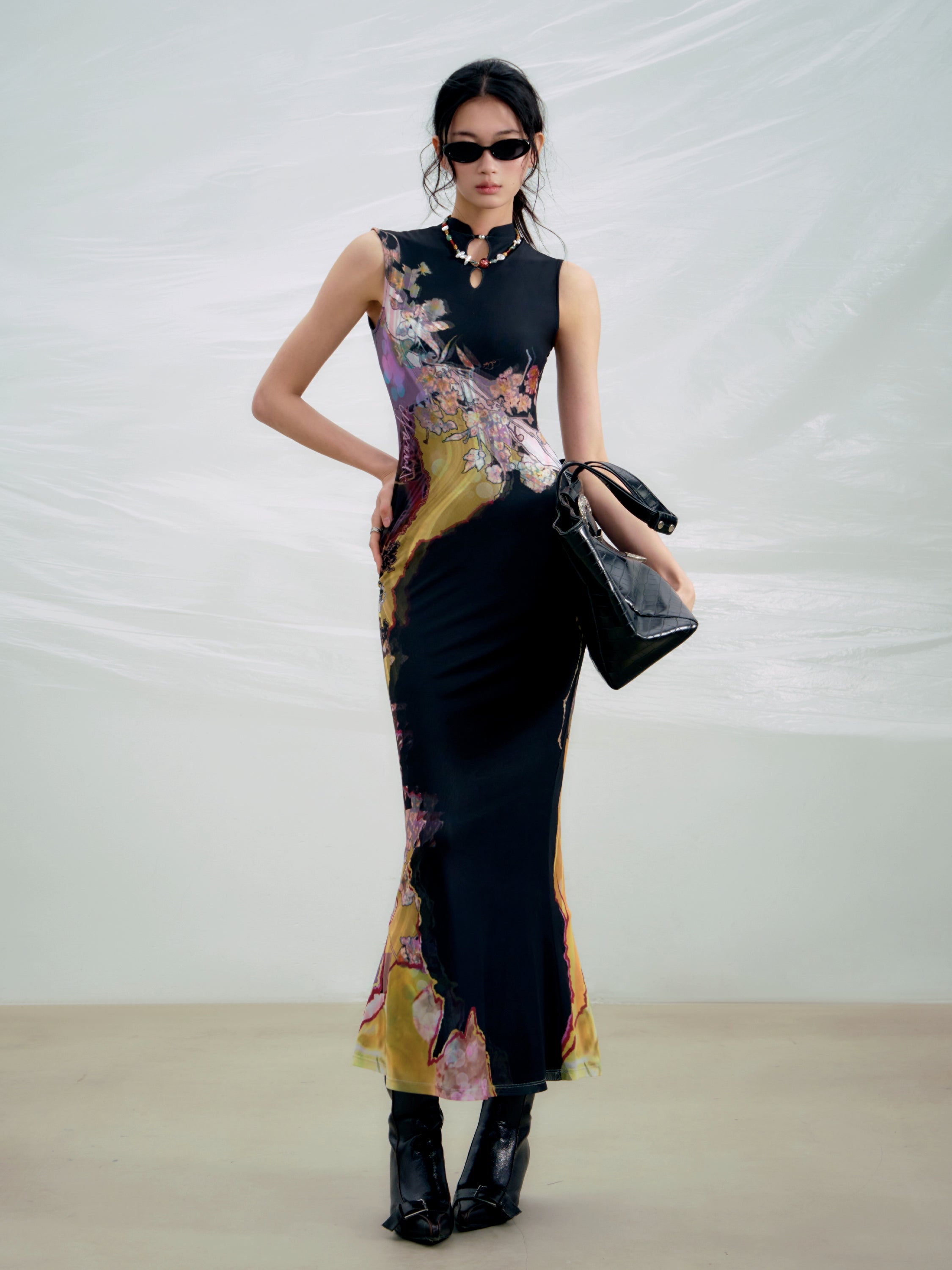 OfAkiva Contrasting Color Print Cheongsam Dress