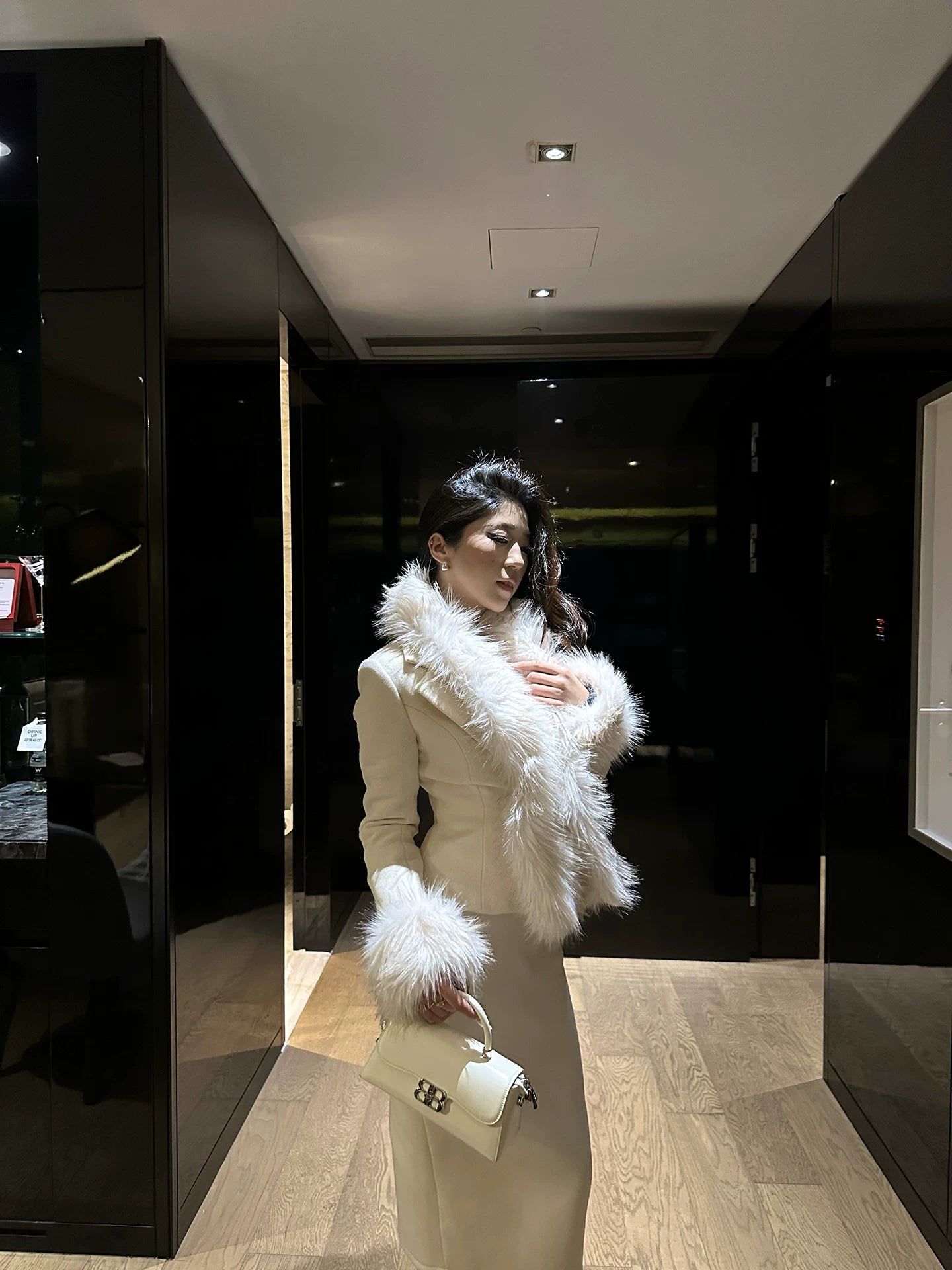 LLROGE Fur Collar Waist Woolen Jacket Skirt Two-piece Set