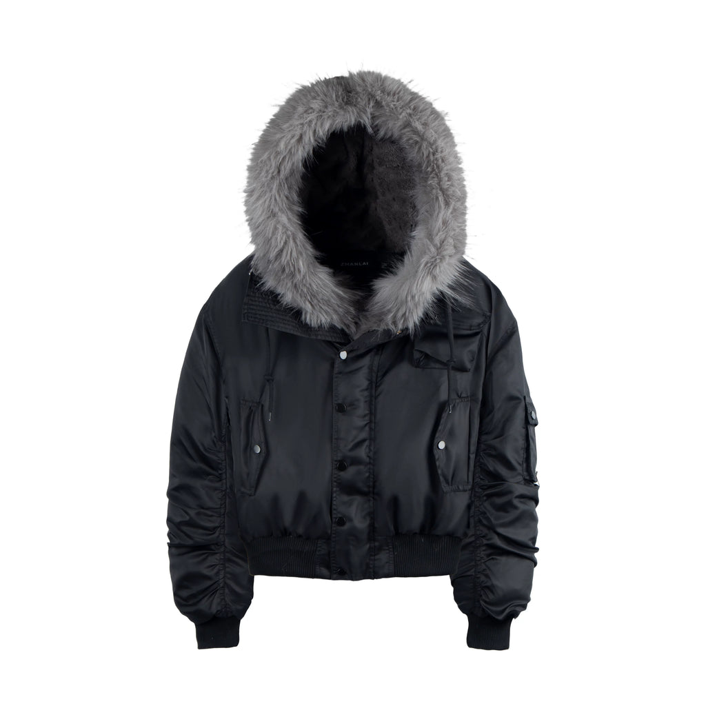 NOMANIAI Removable Fur Collar Nailed Hooded Embroidered Fleece Cotton Jacket