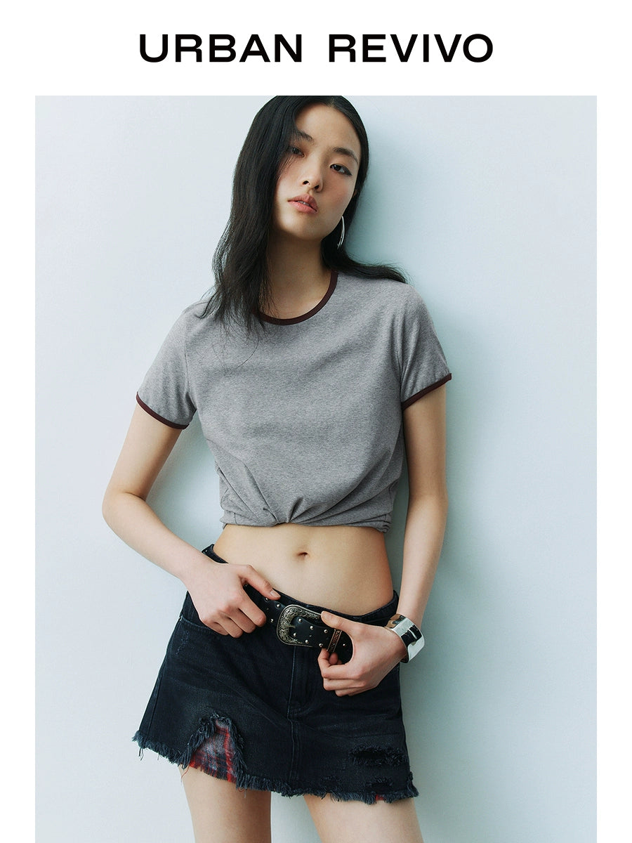 URBAN REVIVO Casual Contrasting Lines Crew Neck Short Sleeve T-Shirt