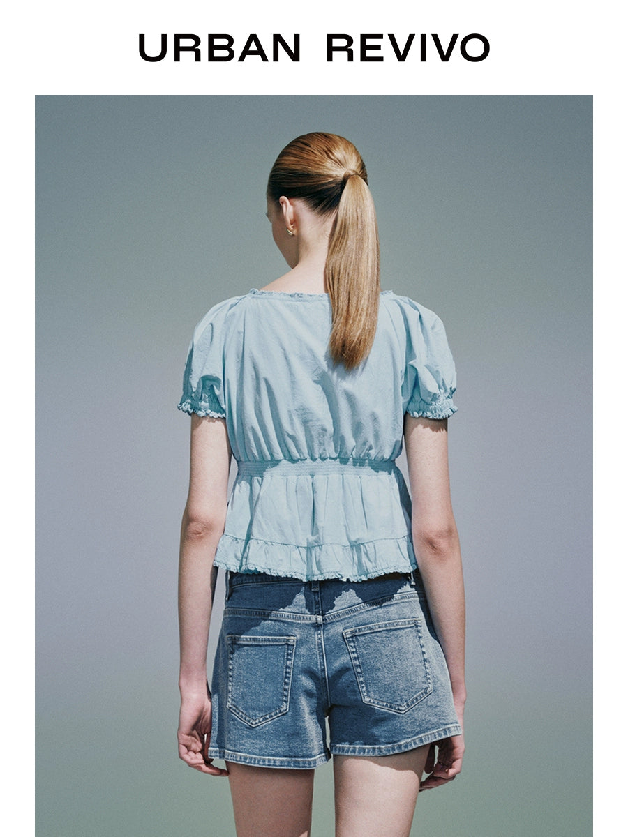 URBAN REVIVO Stitched Lace Wrap Short-sleeved Blouse Shirt