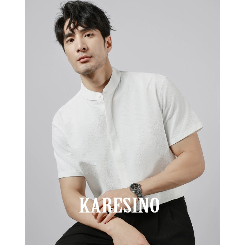 KARESINO Stand-up Collar Casual No-iron Striped Short-sleeved Shirt