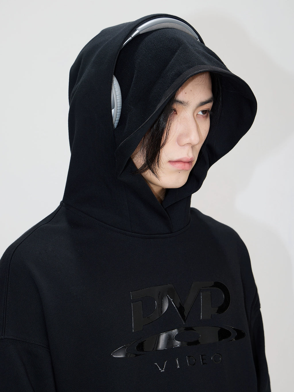 PEOPLESTYLE "DVD" Silicone Print Hidden Zipper Structure Hooded Sweater