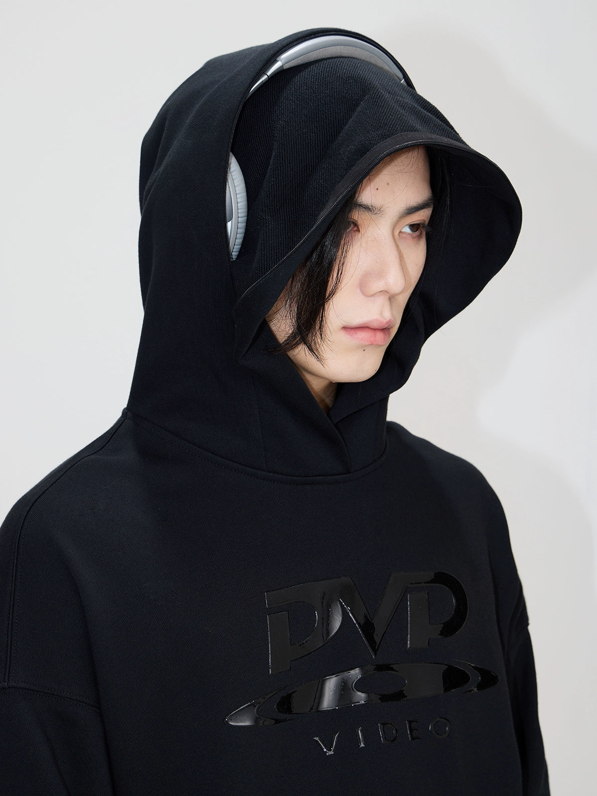 PEOPLESTYLE "DVD" Silicone Print Hidden Zipper Structure Hooded Sweater