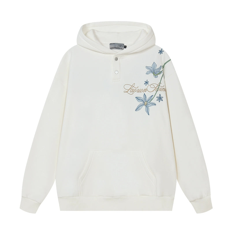 Harshandcruel HACR Chinese Over-the-Shoulder Blue Floral Embroidery Hoodie