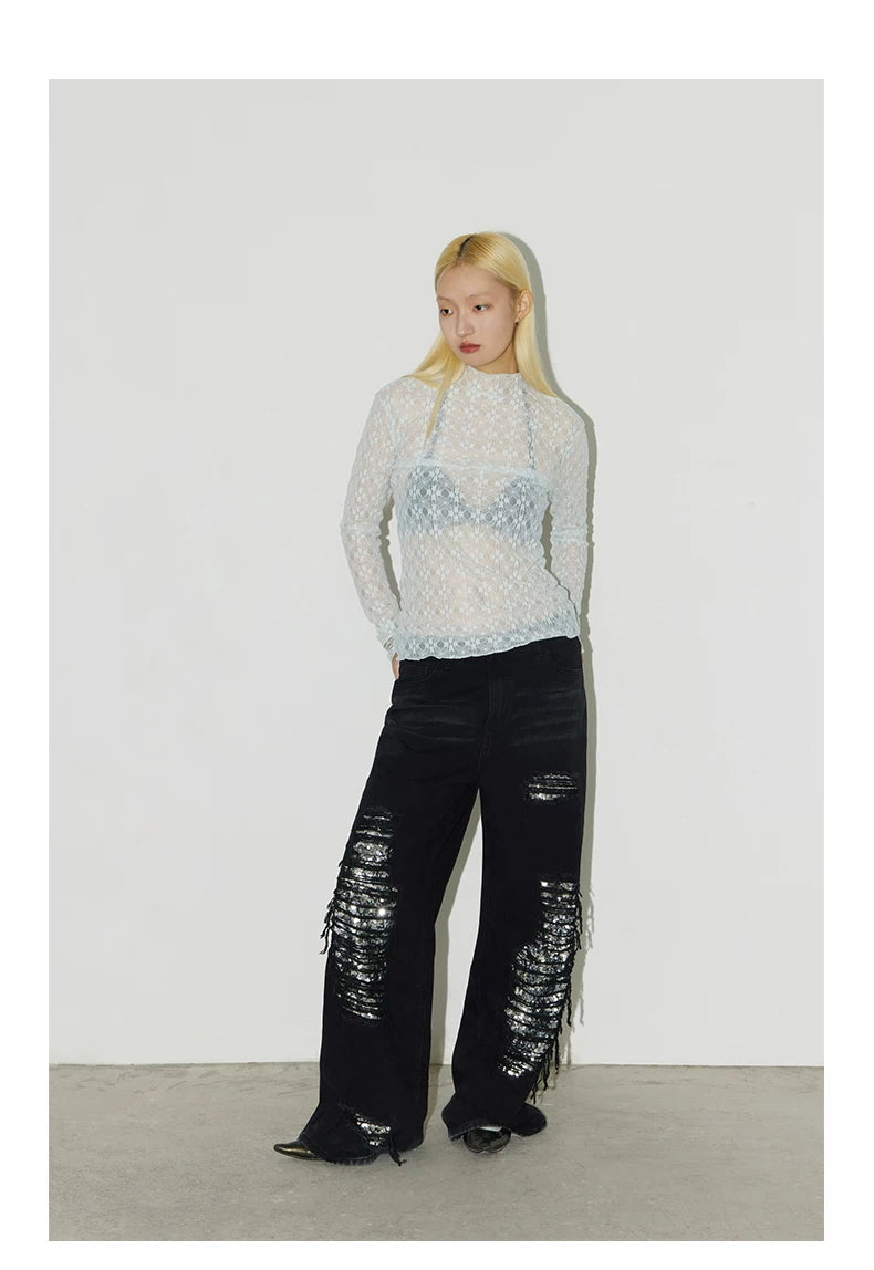 CONP Retro Sequined Ripped Jeans