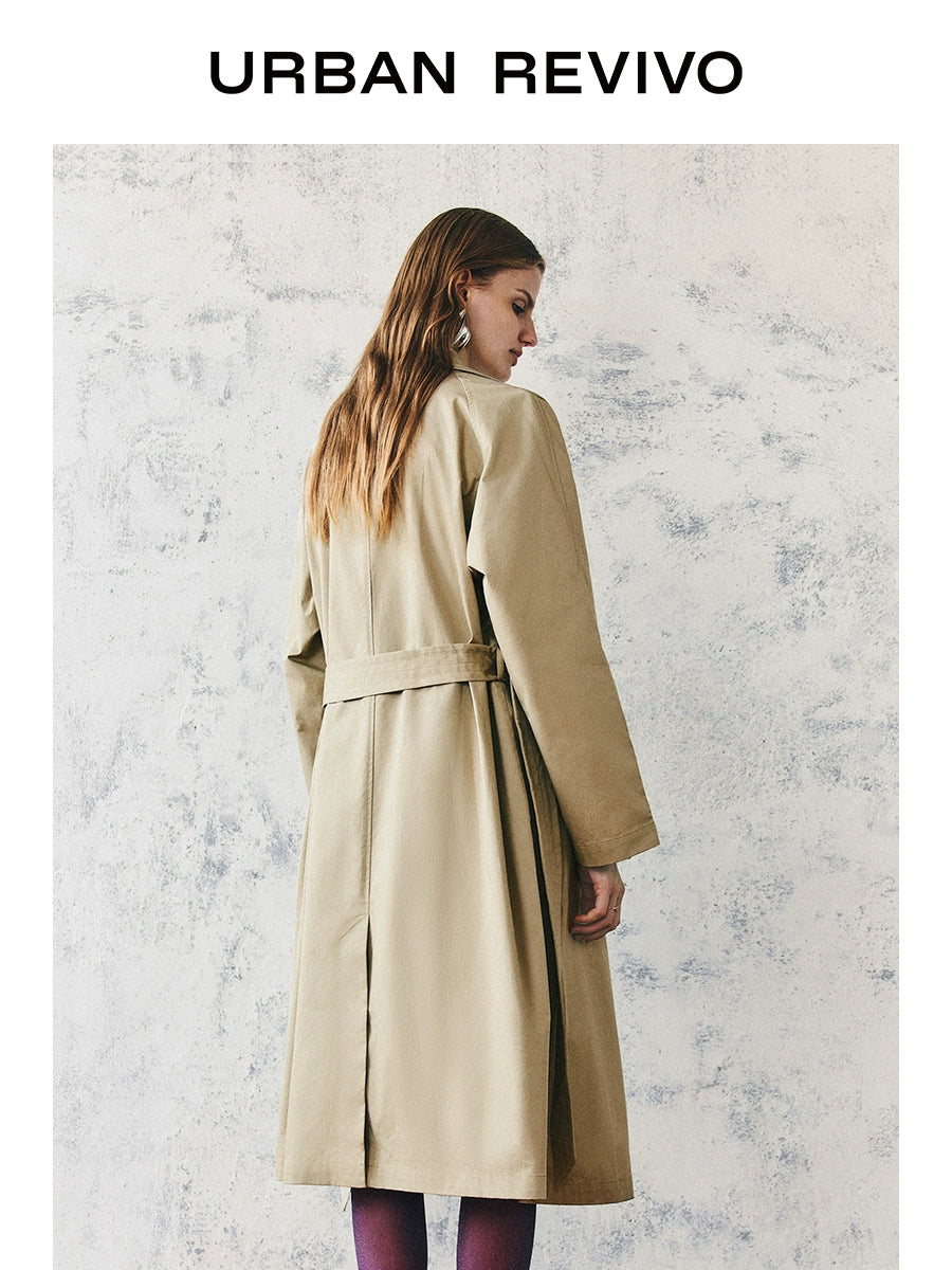 URBAN REVIVO Temperament British Style Double-breasted Waist Long Trench Coat