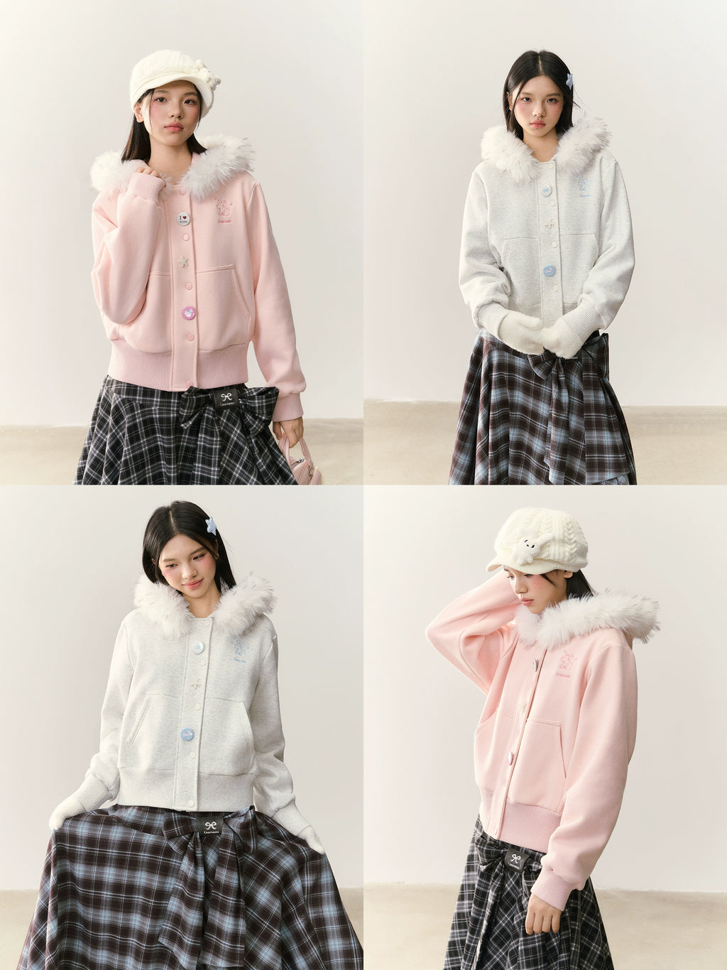 Umoumo Loose Puppy Embroidered Fur Collar Hooded Fleece Sweater