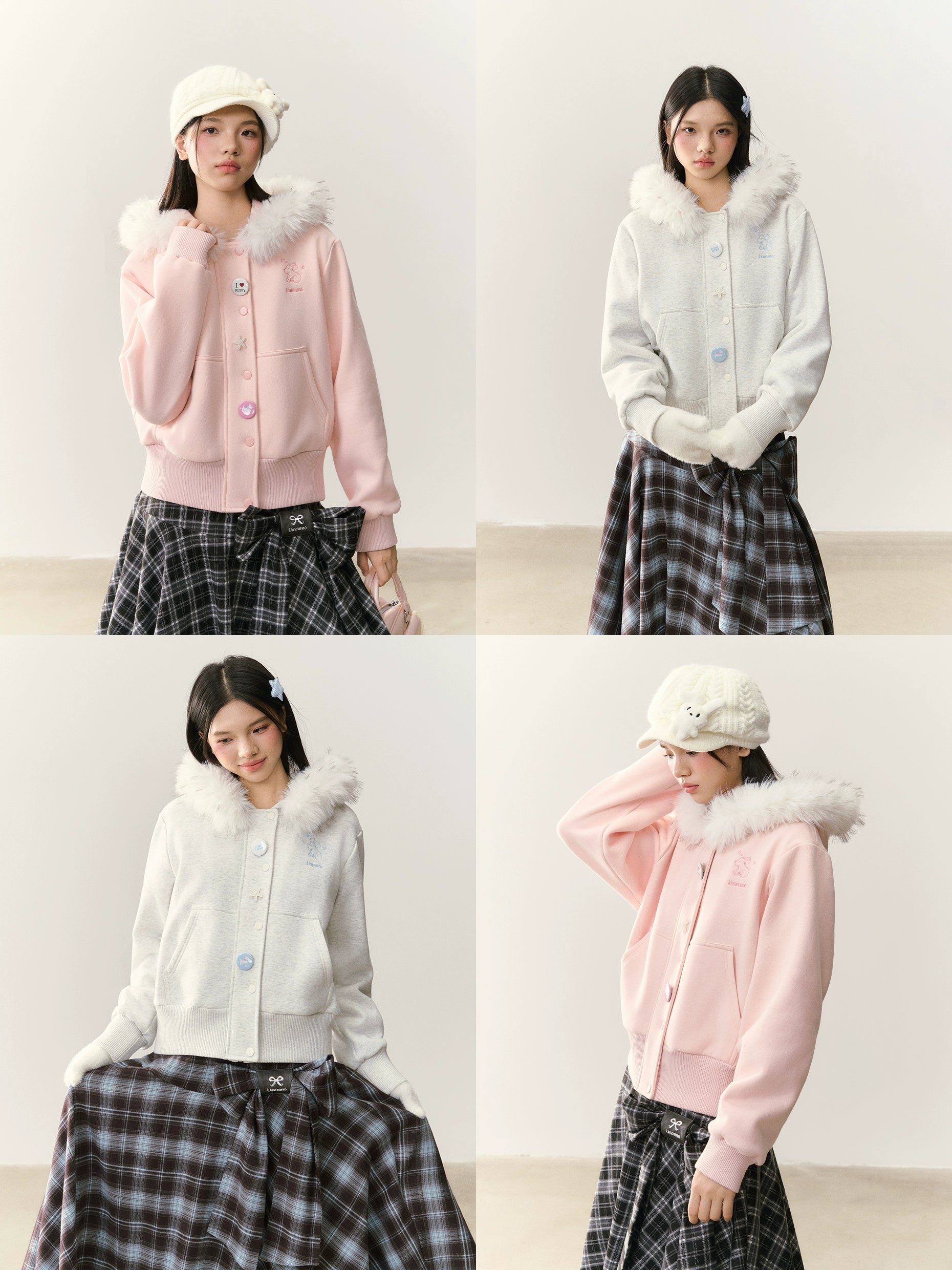 Umoumo Loose Puppy Embroidered Fur Collar Hooded Fleece Sweater