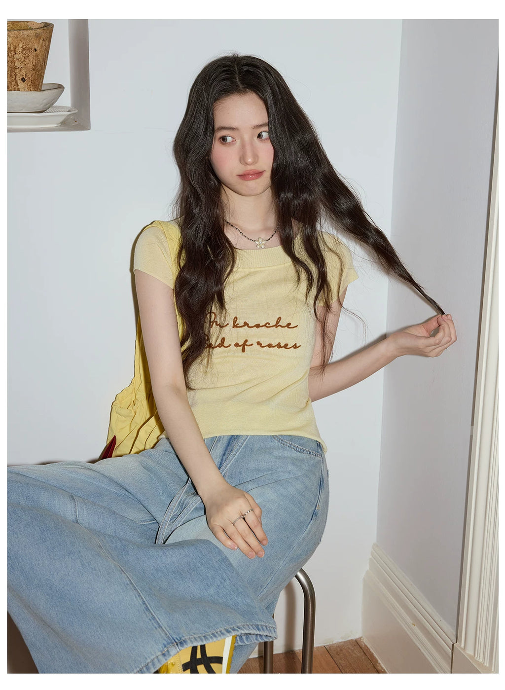 XUJING Crew Neck Embroidery Knitted Slim Tee