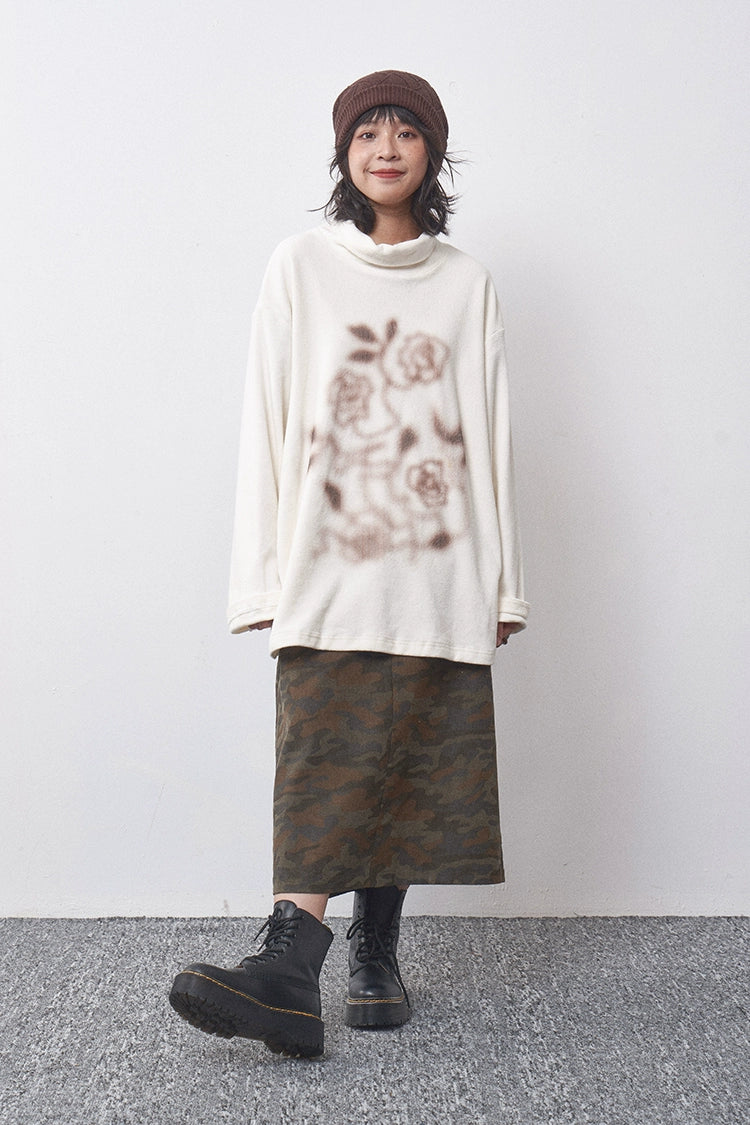 PHYS Semi-turtleneck Loose Versatile Rose Print Long Sleeve