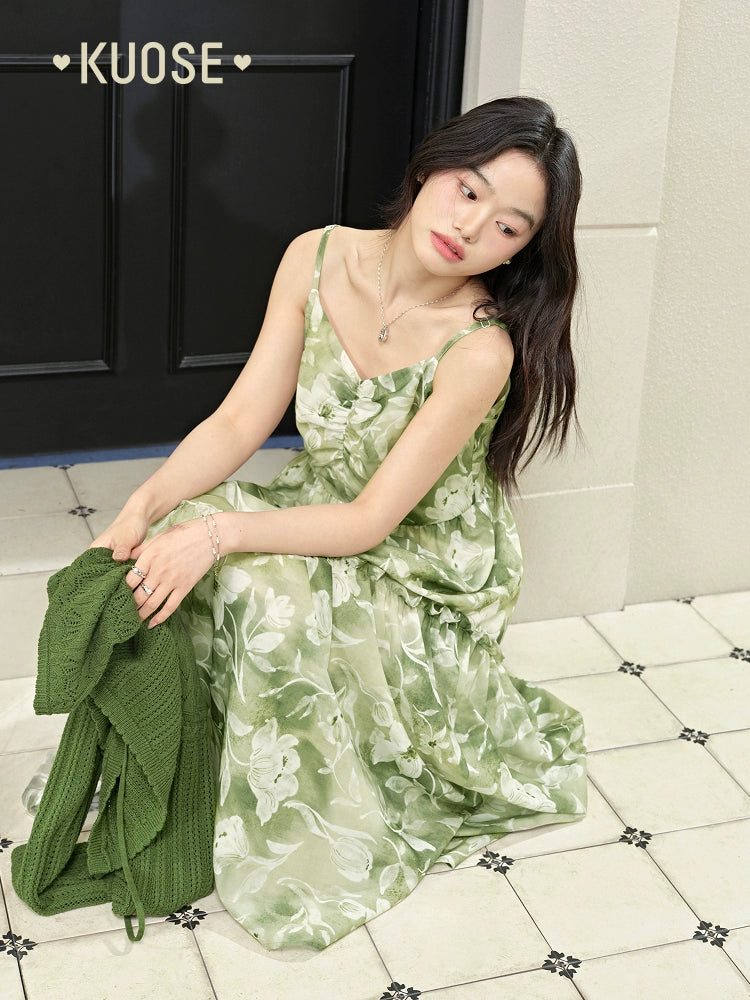 Kuose Floral Sleeveless Suspender Dress Cardigan Two-piece Set