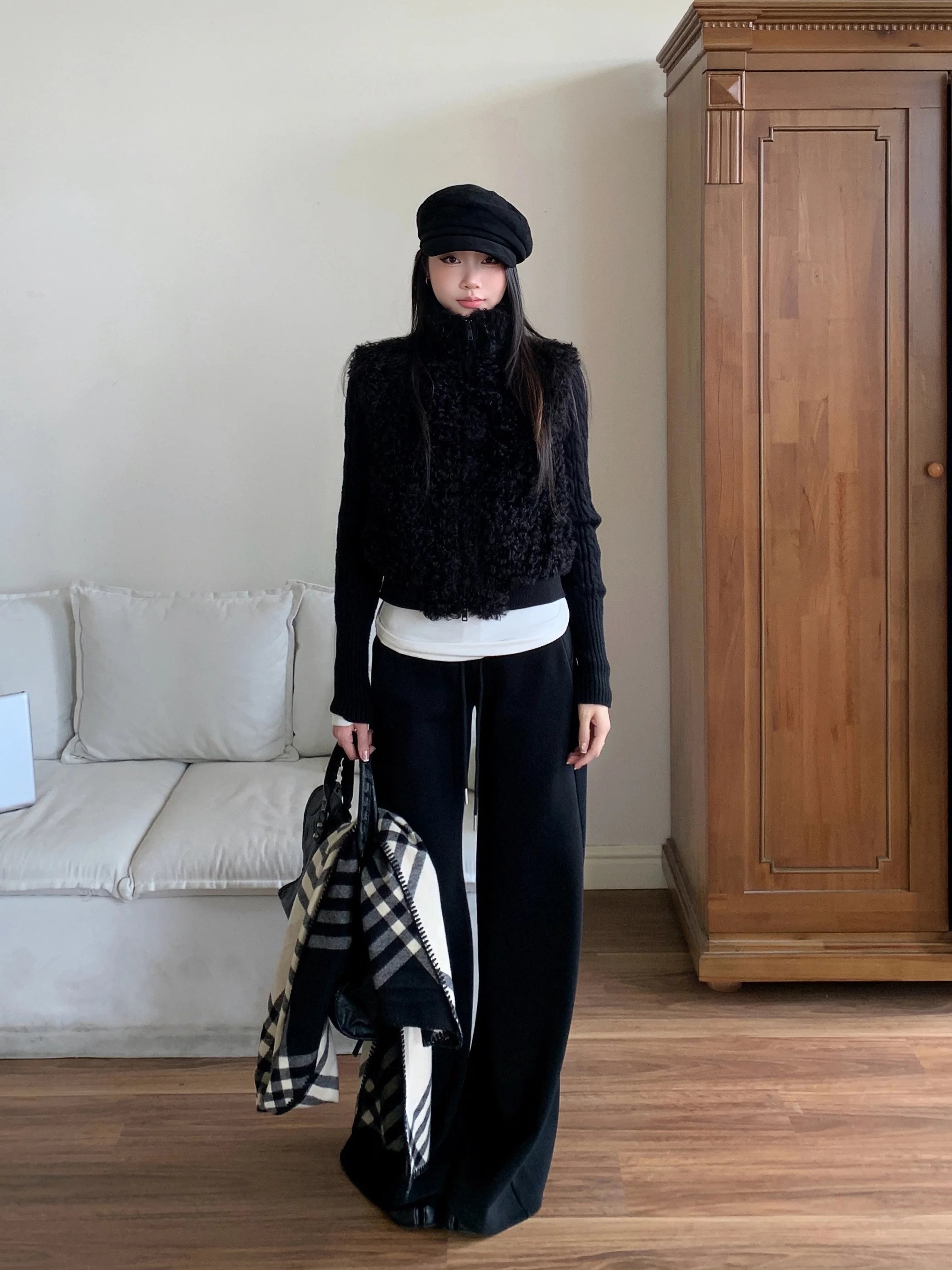 WITHMIN Low-rise Loose-fitting Fleece Straight-leg Wide-leg Pants