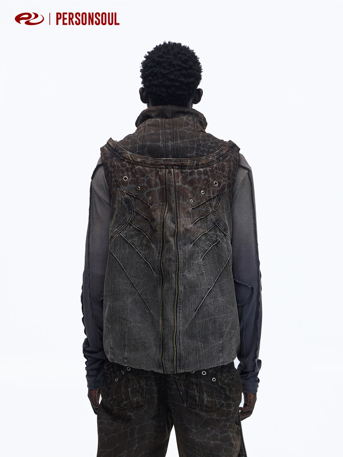 PERSONSOUL Crocodile Denim Vest Cotton Dress