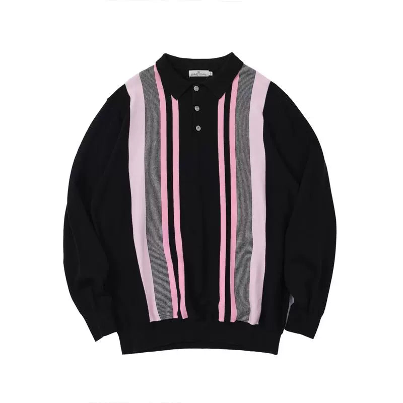 LIVINGTOWN Retro Casual Loose Contrasting Color Knitted Bottoming Shirt POLO Shirt