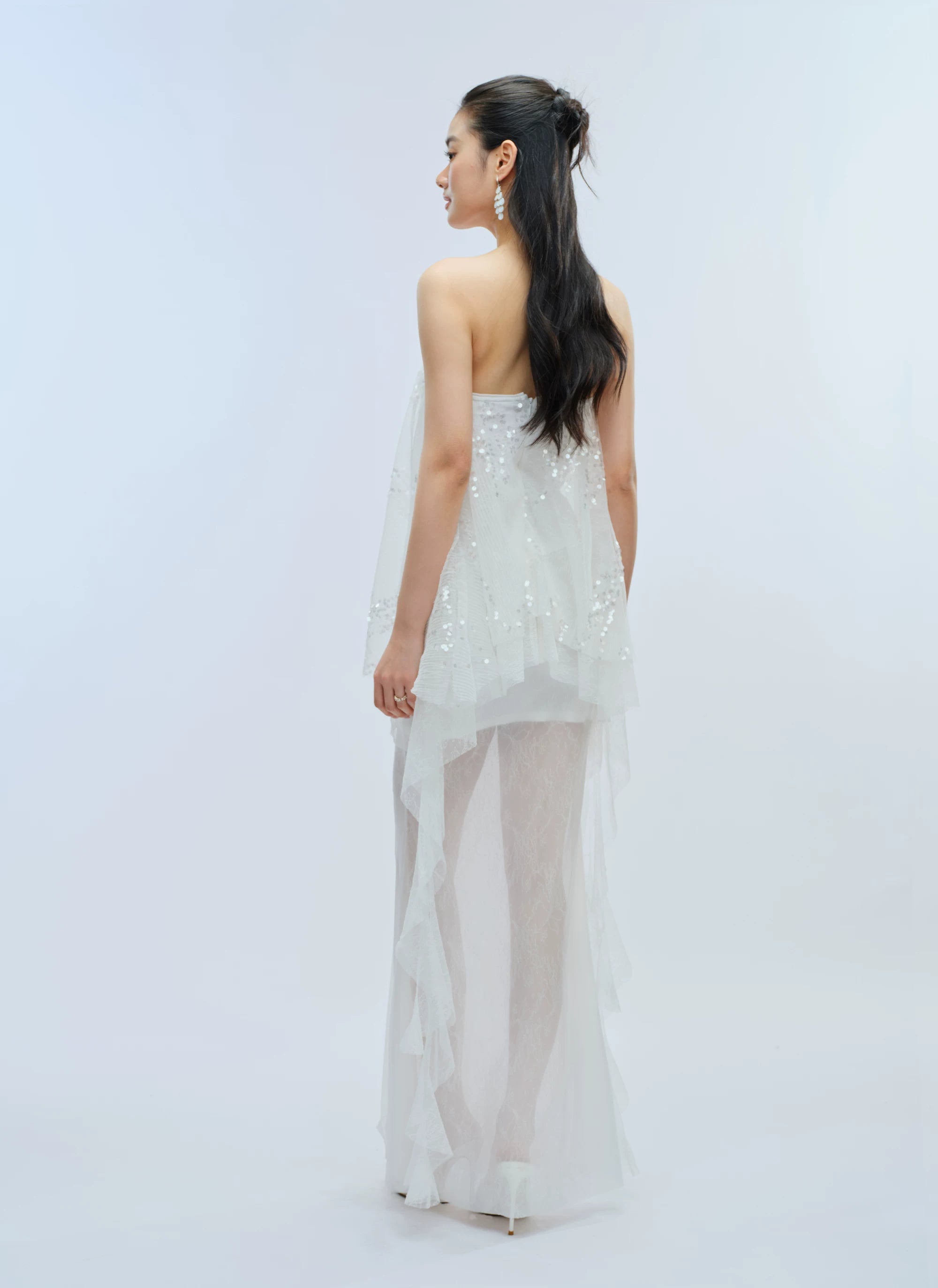 J TheChosen Pleated Sequined Streamer Lace Mesh Skirt Set