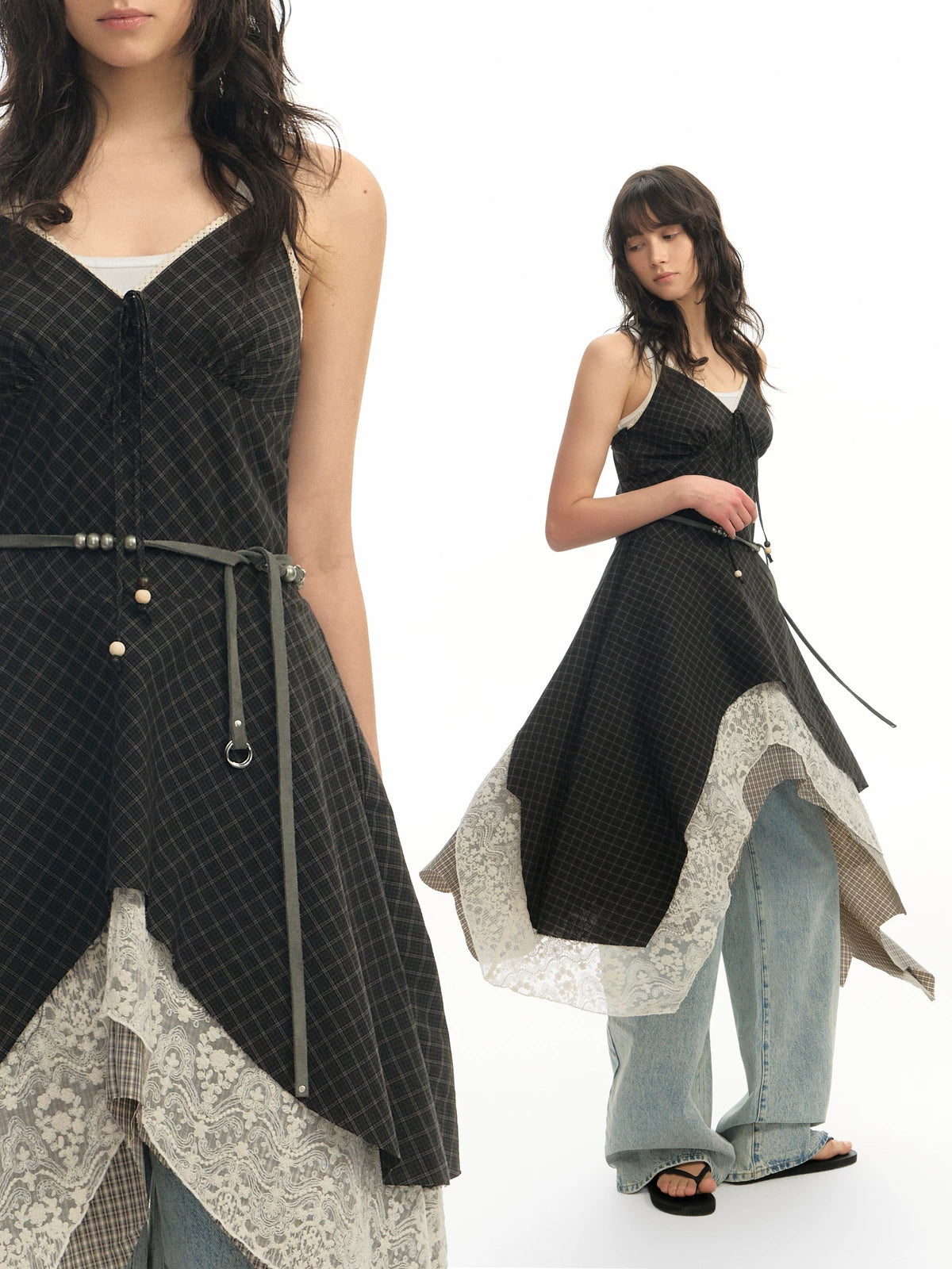 TGNS Checked Lace Stitching Dress