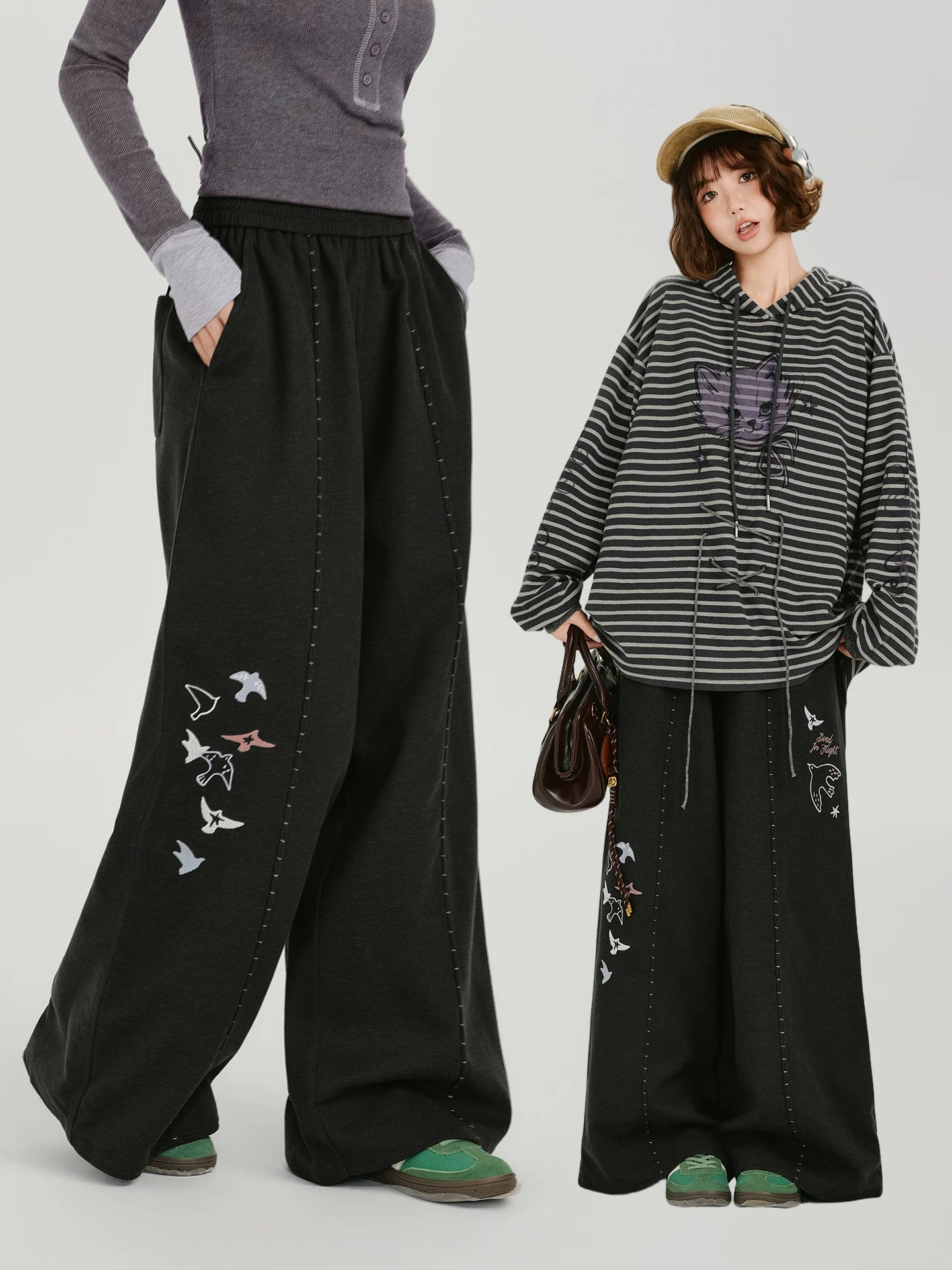 Girlyhalo Vintage Embroidered Wide Leg Casual Pants