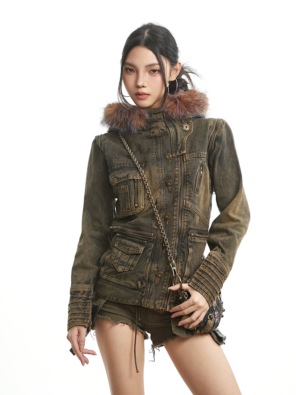 UNCMHISEX Vintage Fur Collar Tooling Denim Jacket