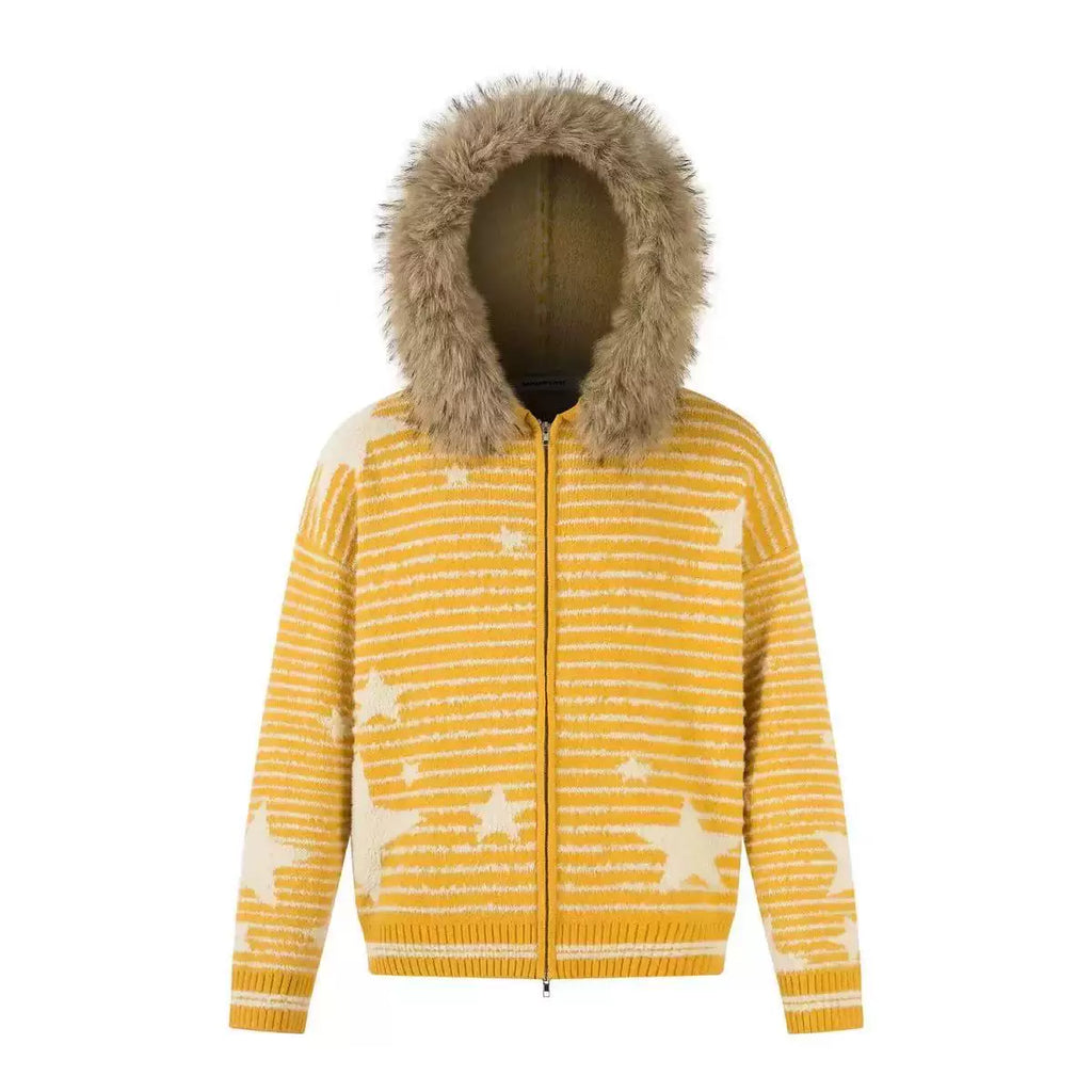 Saimt Retrostripes Fur Collar Hooded Knittingoutwear