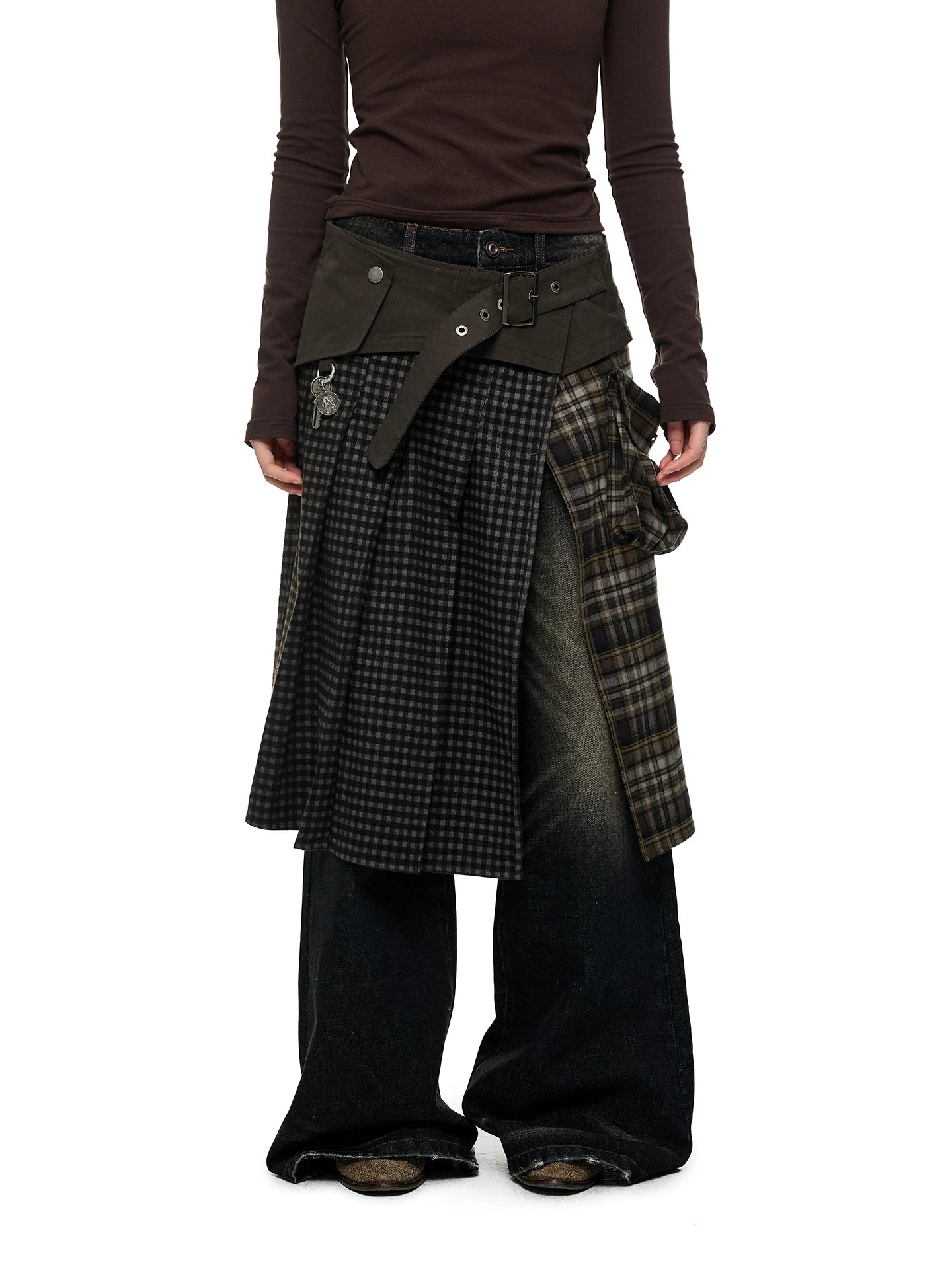 JIKOO Contrasting Color Splicing Plaid Skirt