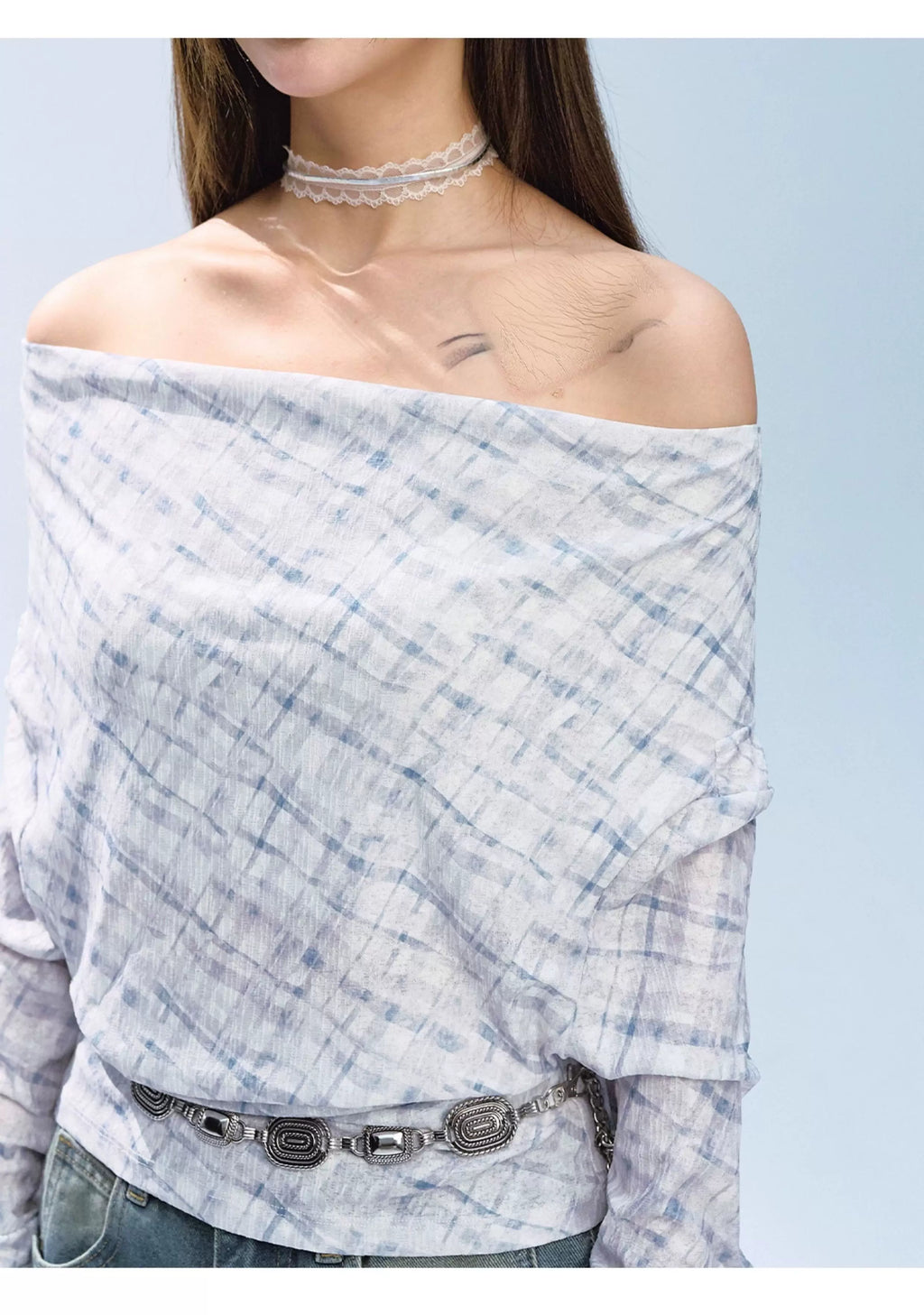 Ablueberry One-word Shoulder Plaid Long Sleeves
