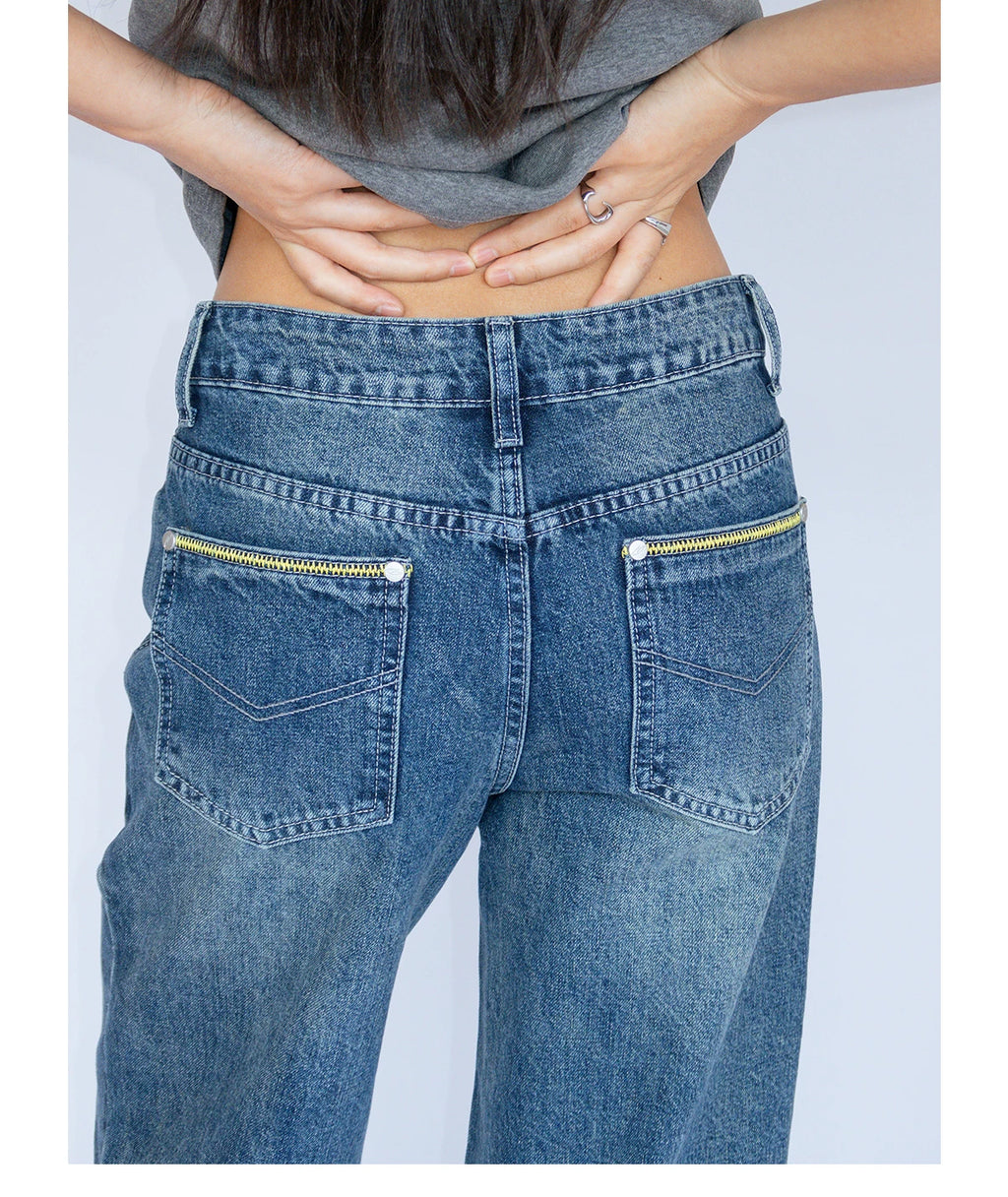 FUNKYFUN Retro Old Contrasting Embroidered Jeans
