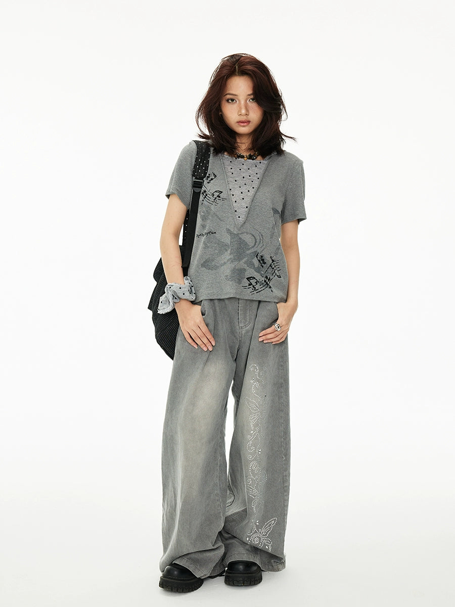 MOMSAYCAN Loose Polka Dot Fake Two-piece Hooded Short Sleeve