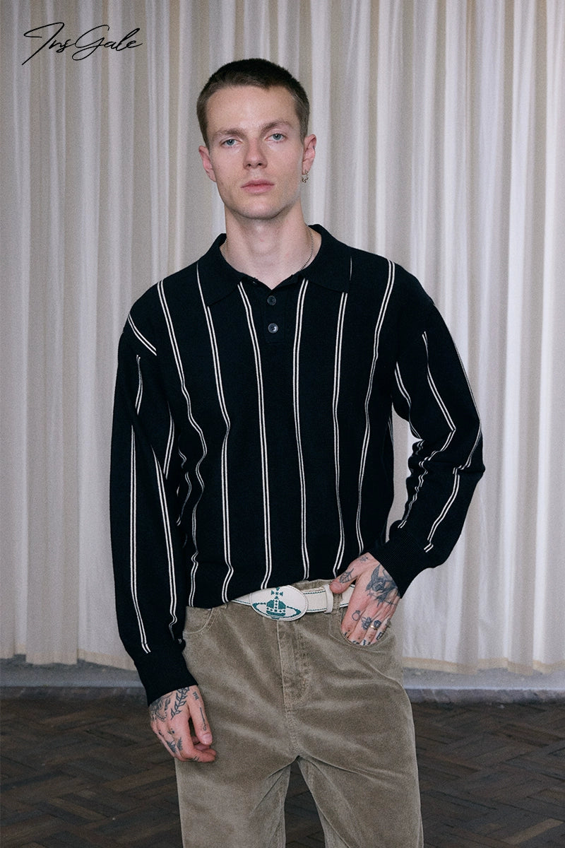 InsGale Striped POLO Lapel Long Sleeve Knitted Sweater