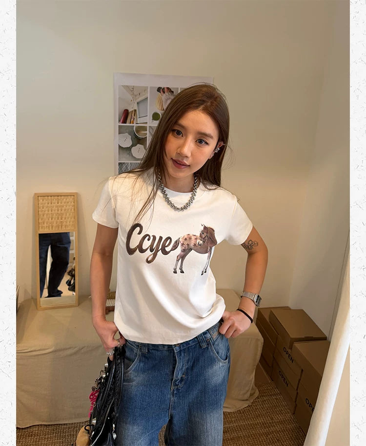 CCYE Front Shoulder Slightly Loose Round Neck Tee