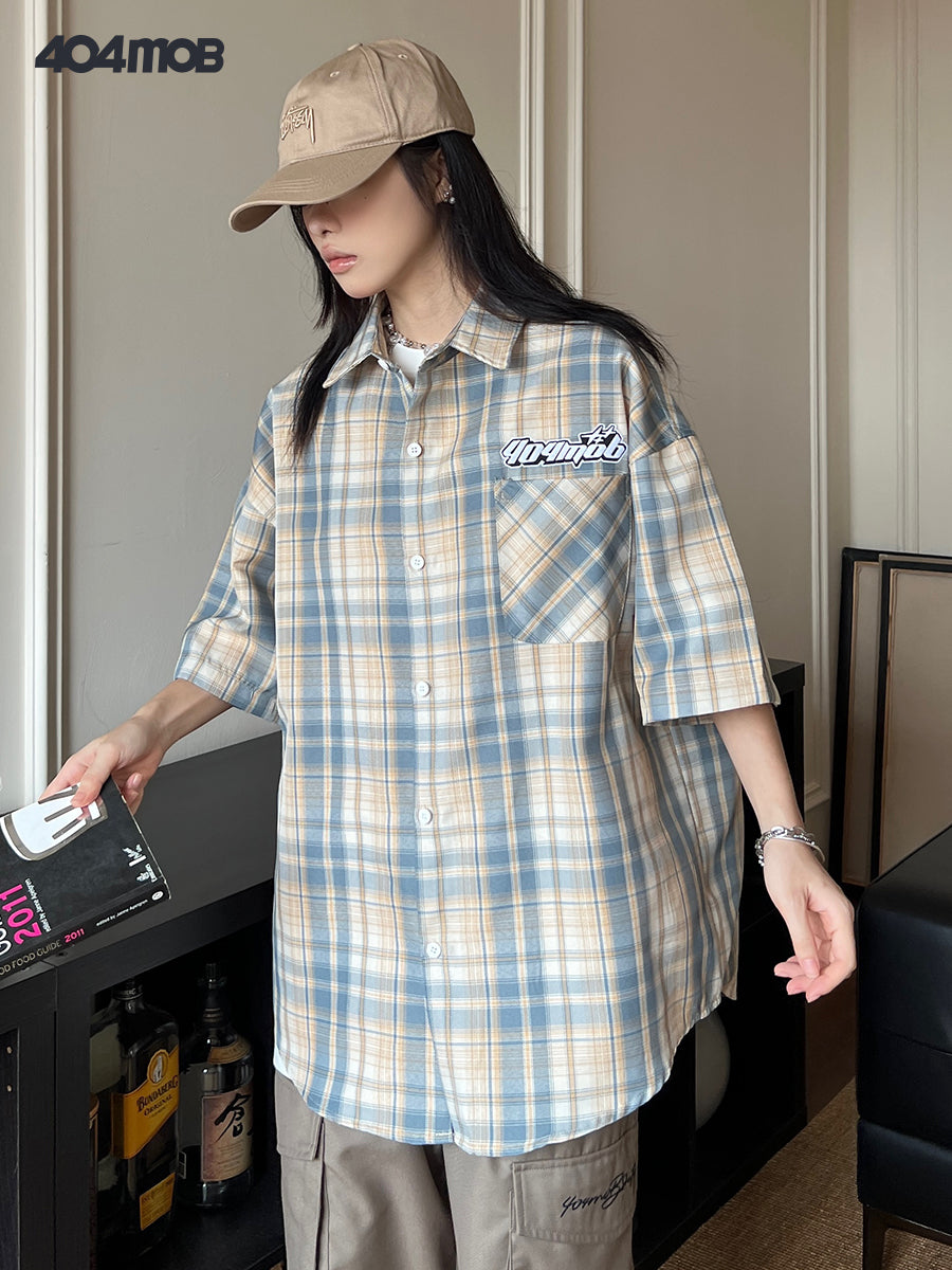 404MOB Multi-color Plaid JK Textured Lapel Embroidered Short Sleeve Shirt
