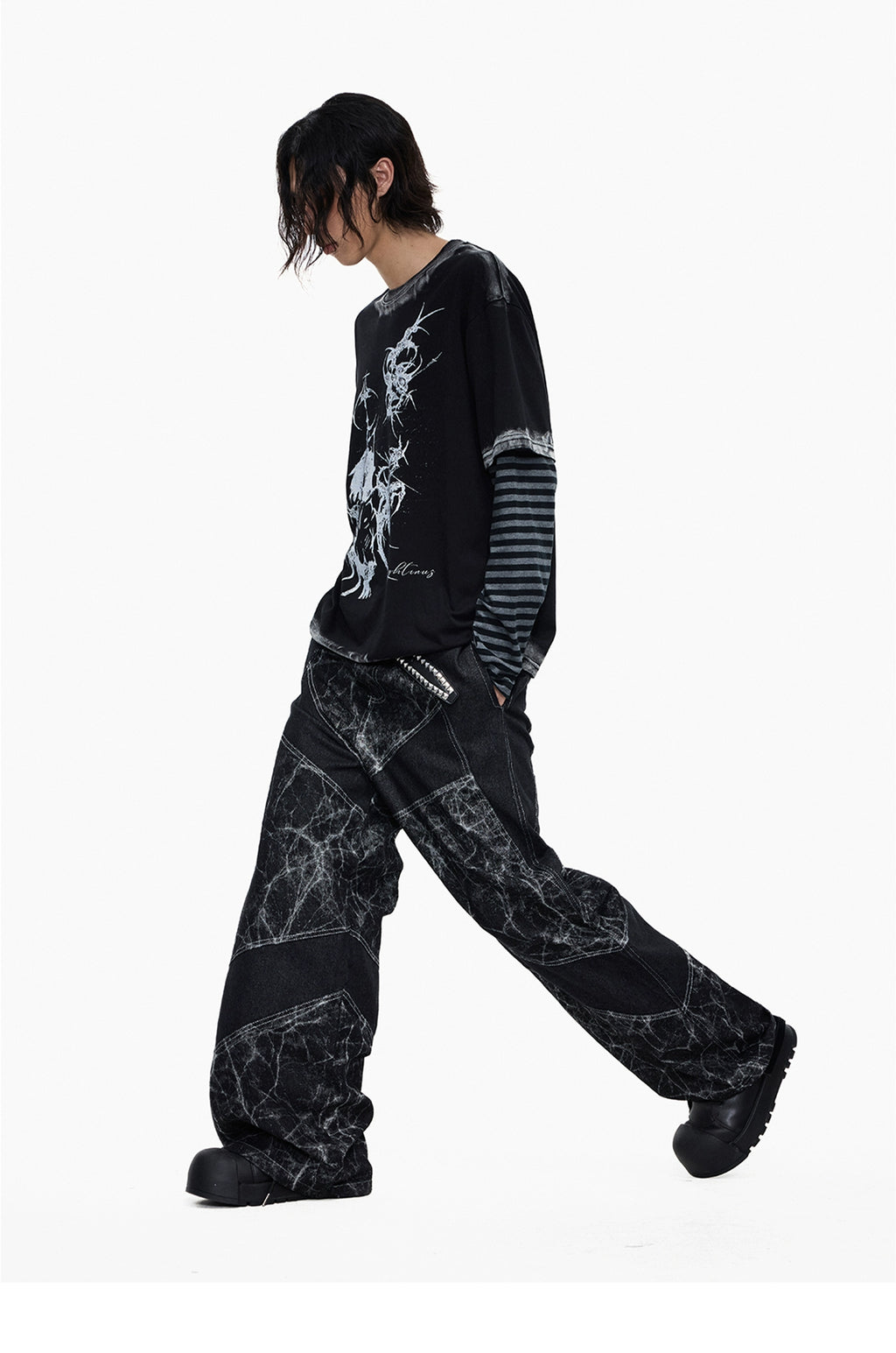 Lightinus Spider Web Stitching Wide-leg Jeans